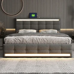 Simple Life Lit double 140x200 cm, LED, 4 tiroirs, tête de lit avec USB, tissu lin gris