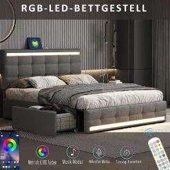 Simple Life Lit double 140x200 cm, LED, 4 tiroirs, tête de lit avec USB, tissu lin gris