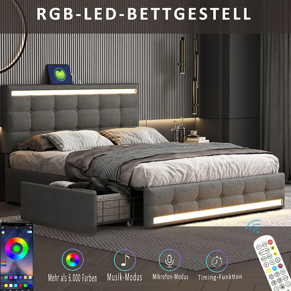 Simple Life Lit double 140x200 cm, LED, 4 tiroirs, tête de lit avec USB, tissu lin gris