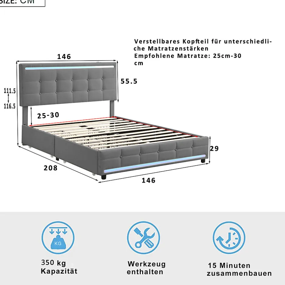Simple Life Lit double 140x200 cm, LED, 4 tiroirs, tête de lit avec USB, tissu lin gris