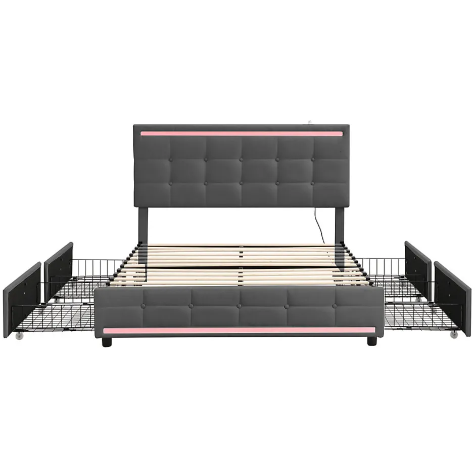 Simple Life Lit double 140x200 cm, LED, 4 tiroirs, tête de lit avec USB, tissu lin gris