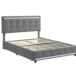 Simple Life Lit double 140x200 cm, LED, 4 tiroirs, tête de lit avec USB, tissu lin gris