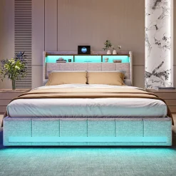 ProximaX Lit double 160x200 cm lin beige avec LED, 4 tiroirs métal, rangement tête de lit et ports USB/Type-C - Moderne et fonctionnel Outlet
