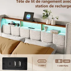 ProximaX Lit double 160x200 cm lin beige avec LED, 4 tiroirs métal, rangement tête de lit et ports USB/Type-C - Moderne et fonctionnel Outlet