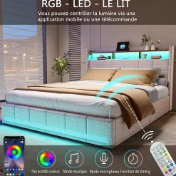 ProximaX Lit double 160x200 cm lin beige avec LED, 4 tiroirs métal, rangement tête de lit et ports USB/Type-C - Moderne et fonctionnel Outlet