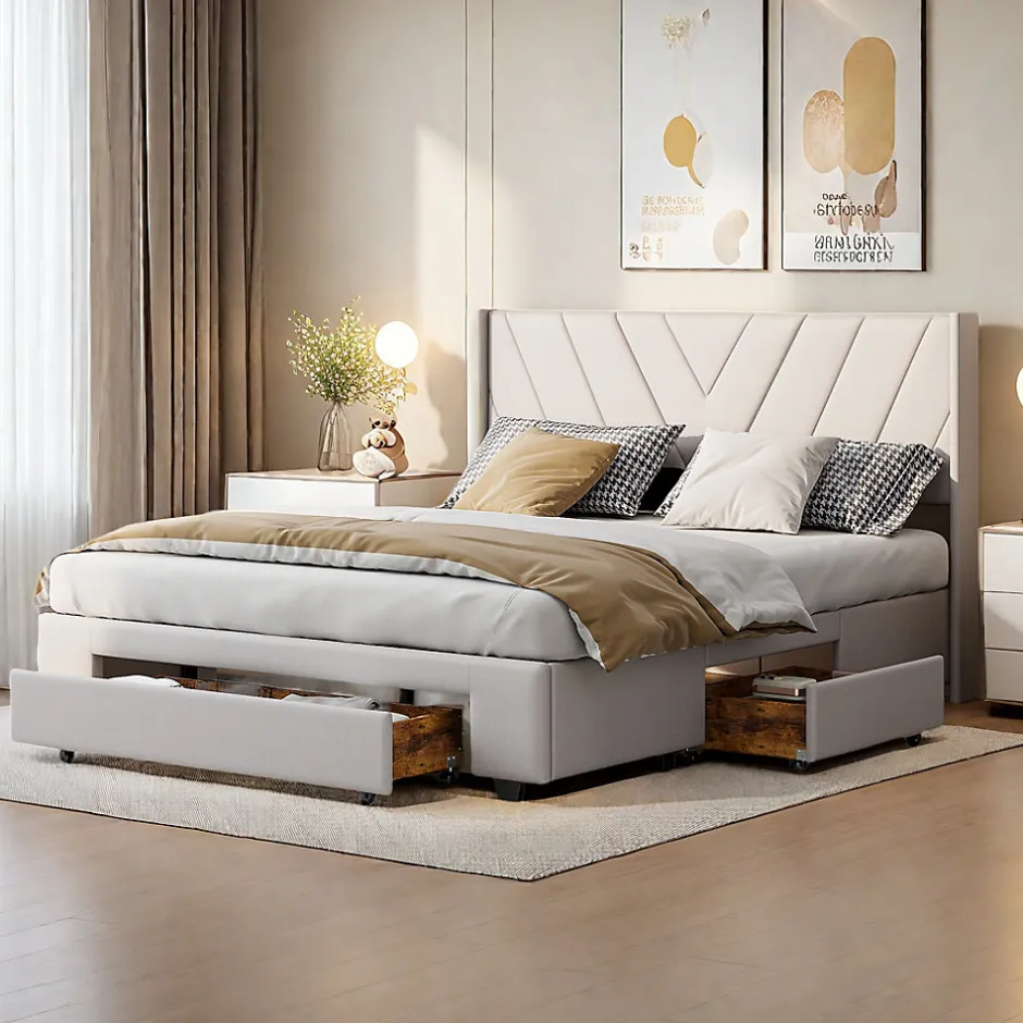 ProximaX Lit double 160x200 cm lin beige avec 3 tiroirs, cadre rembourré, Tissu doux, confortable et facile à entretenir