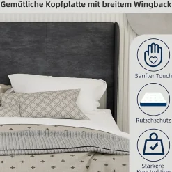 Okwish Lit Double 160x200 cm, Lit Adulte avec Tête de Lit Douce et Cadre Bas, Velours et Métal, Gris, sans Matelas