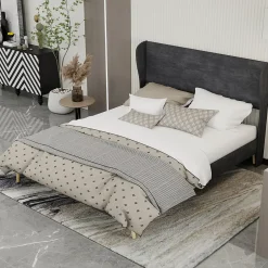 Okwish Lit Double 160x200 cm, Lit Adulte avec Tête de Lit Douce et Cadre Bas, Velours et Métal, Gris, sans Matelas
