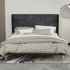 Okwish Lit Double 160x200 cm, Lit Adulte avec Tête de Lit Douce et Cadre Bas, Velours et Métal, Gris, sans Matelas