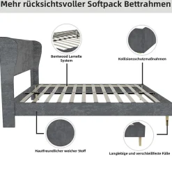Okwish Lit Double 160x200 cm, Lit Adulte avec Tête de Lit Douce et Cadre Bas, Velours et Métal, Gris, sans Matelas