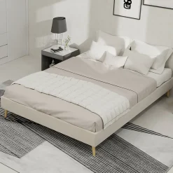 Okwish Lit Double 140x200 cm, Lit Adulte et Ado avec Cadre Bas Minimaliste, Design Stable en Velours Néerlandais Beige, Sans Matelas