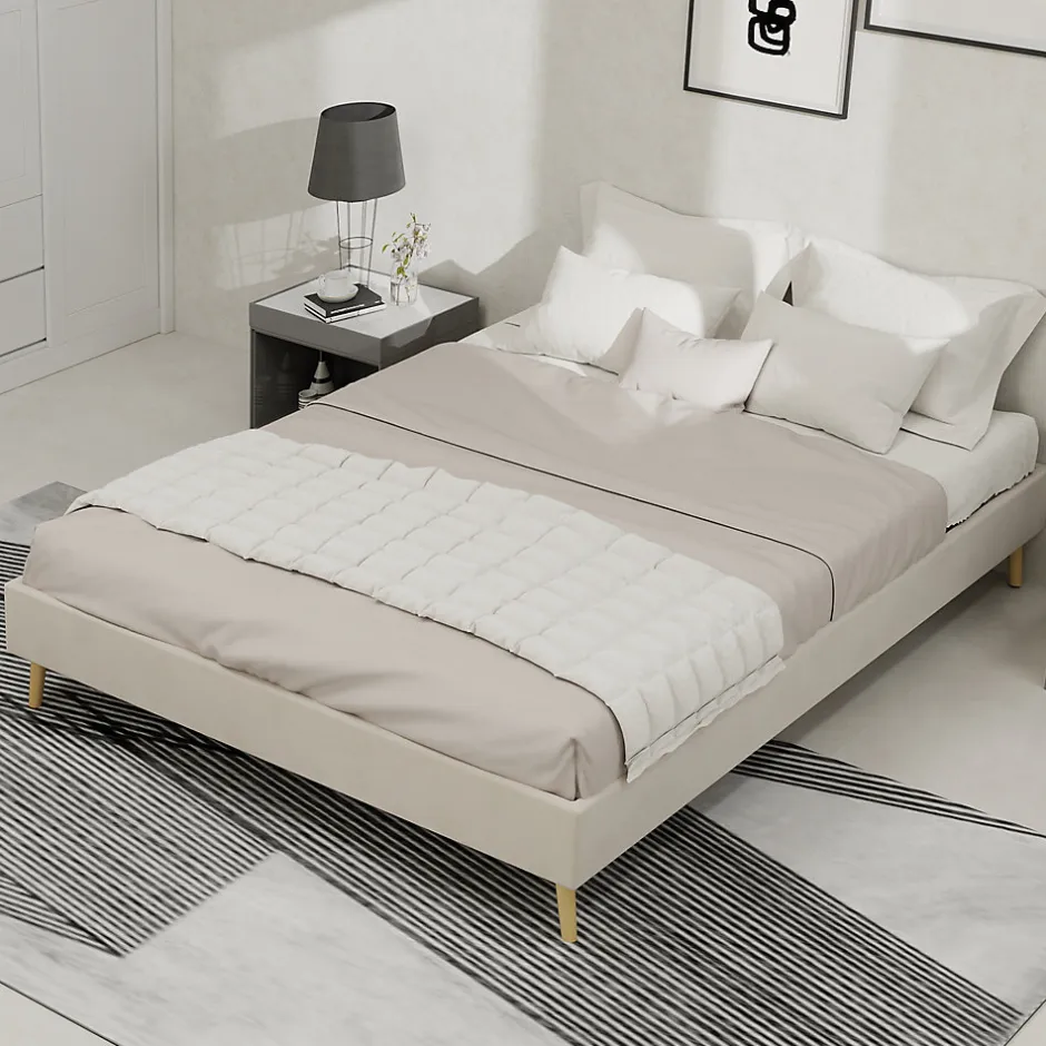 Okwish Lit Double 140x200 cm, Lit Adulte et Ado avec Cadre Bas Minimaliste, Design Stable en Velours Néerlandais Beige, Sans Matelas