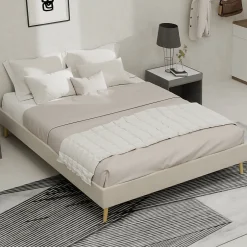 Okwish Lit Double 140x200 cm, Lit Adulte et Ado avec Cadre Bas Minimaliste, Design Stable en Velours Néerlandais Beige, Sans Matelas
