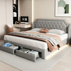 Okwish Lit Double 180x200 cm, Lit Capitonné avec LED et 2 Tiroirs, Structure en Tissu Lin et Métal, Gris - Sans Matelas