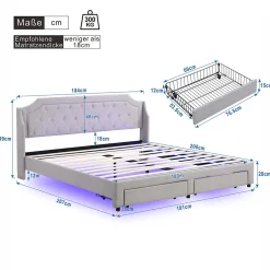 Okwish Lit Double 180x200 cm, Lit Capitonné avec LED et 2 Tiroirs, Structure en Tissu Lin et Métal, Gris - Sans Matelas