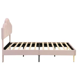 Okwish Lit double 140x200 cm, Lit capitonné en velours avec tête de lit coquillage et pieds dorés - Sans Matelas, Rose Outlet