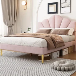 Okwish Lit double 140x200 cm, Lit capitonné en velours avec tête de lit coquillage et pieds dorés - Sans Matelas, Rose Outlet
