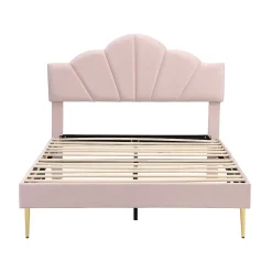 Okwish Lit double 140x200 cm, Lit capitonné en velours avec tête de lit coquillage et pieds dorés - Sans Matelas, Rose Outlet