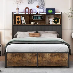 Fortuna lai Lit Double 160x200 Cm, Lit Capitonné Avec LED Et Prises USB, Pu Tête De Lit Avec Rangement, Noir