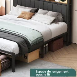 Fortuna lai Lit Double 160x200 Cm, Lit Capitonné Avec LED Et Prises USB, Pu Tête De Lit Avec Rangement, Noir