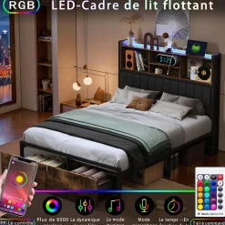 Fortuna lai Lit Double 160x200 Cm, Lit Capitonné Avec LED Et Prises USB, Pu Tête De Lit Avec Rangement, Noir