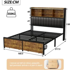 Fortuna lai Lit Double 160x200 Cm, Lit Capitonné Avec LED Et Prises USB, Pu Tête De Lit Avec Rangement, Noir
