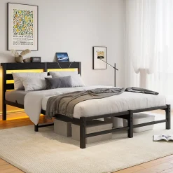 Okwish Lit Double 140x190 cm, Lit Métal Ado avec Éclairage LED et Prises USB, Rangement Sous le Lit, Sans Matelas, Métal et Bois, Noir