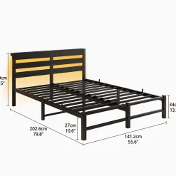 Okwish Lit Double 140x190 cm, Lit Métal Ado avec Éclairage LED et Prises USB, Rangement Sous le Lit, Sans Matelas, Métal et Bois, Noir