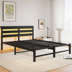 Okwish Lit Double 140x190 cm, Lit Métal Ado avec Éclairage LED et Prises USB, Rangement Sous le Lit, Sans Matelas, Métal et Bois, Noir