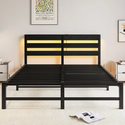 Okwish Lit Double 140x190 cm, Lit Métal Ado avec Éclairage LED et Prises USB, Rangement Sous le Lit, Sans Matelas, Métal et Bois, Noir