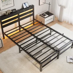 Okwish Lit Double 140x200 cm, Lit Métal Ado avec Éclairage LED et Prises USB, Rangement dessous, Sans Matelas, Métal et Bois, Noir Clearance