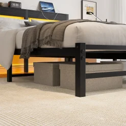 Okwish Lit Double 140x200 cm, Lit Métal Ado avec Éclairage LED et Prises USB, Rangement dessous, Sans Matelas, Métal et Bois, Noir Clearance