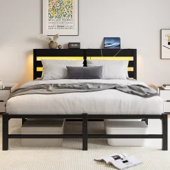 Okwish Lit Double 140x200 cm, Lit Métal Ado avec Éclairage LED et Prises USB, Rangement dessous, Sans Matelas, Métal et Bois, Noir Clearance