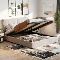 ProximaX Lit double 140x200 cm moderne avec tête rembourrée, LED intégrées et rangement sous sommier, design minimaliste beige