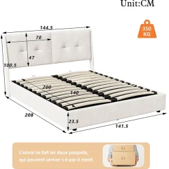 ProximaX Lit double 140x200 cm moderne avec tête rembourrée, LED intégrées et rangement sous sommier, design minimaliste beige