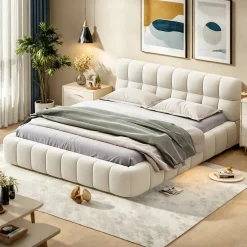 ProximaX Lit double 160x200 cm pour jeune avec dossier et bordure rembourrés, sommier à lattes, lin, matelas non inclus, Beige