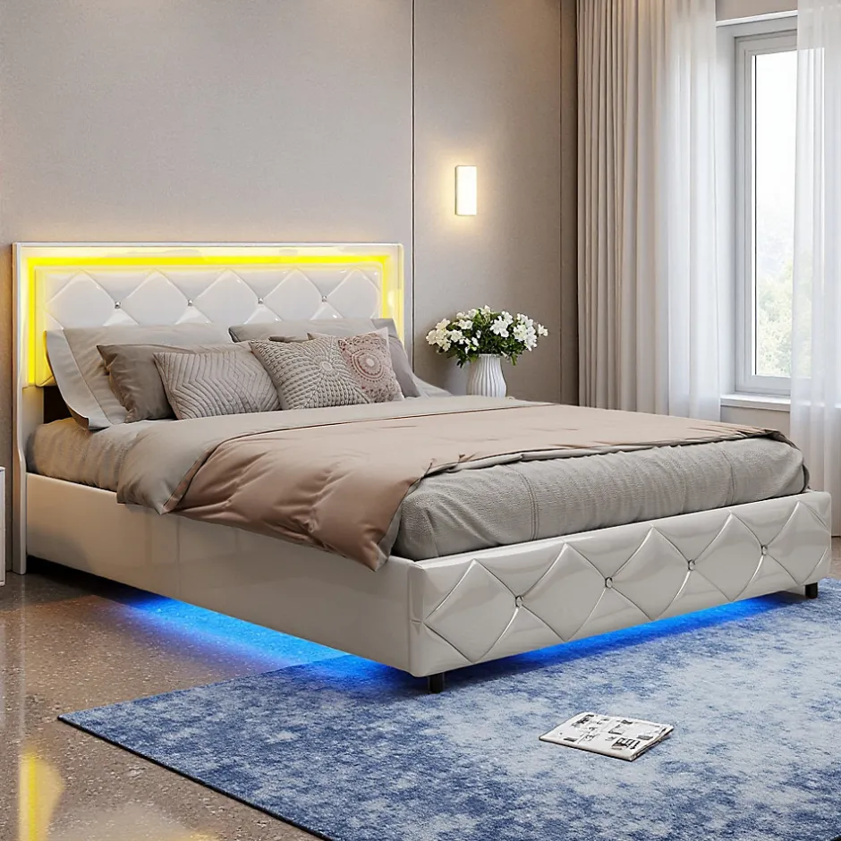ProximaX Lit double 160x200 cm PU blanc capitonné cristal avec coffre hydraulique, ports de charge et lumière LED
