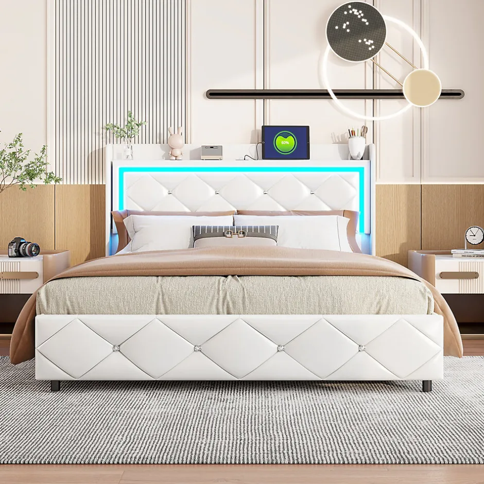 ProximaX Lit double 160x200 cm PU blanc capitonné cristal avec coffre hydraulique, ports de charge et lumière LED