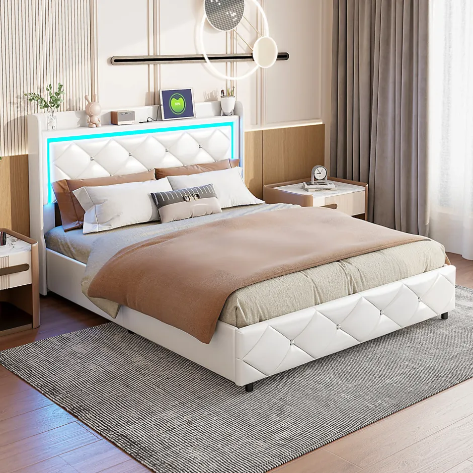 ProximaX Lit double 160x200 cm PU blanc capitonné cristal avec coffre hydraulique, ports de charge et lumière LED