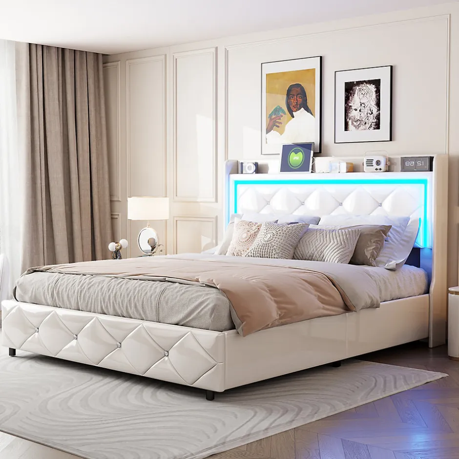 ProximaX Lit double 160x200 cm PU blanc capitonné cristal avec coffre hydraulique, ports de charge et lumière LED
