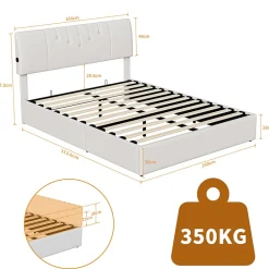 Simple Life Lit double 160x200 cm, rangement à vérin hydraulique, tête de lit USB, cadre robuste, bouclette, Crème