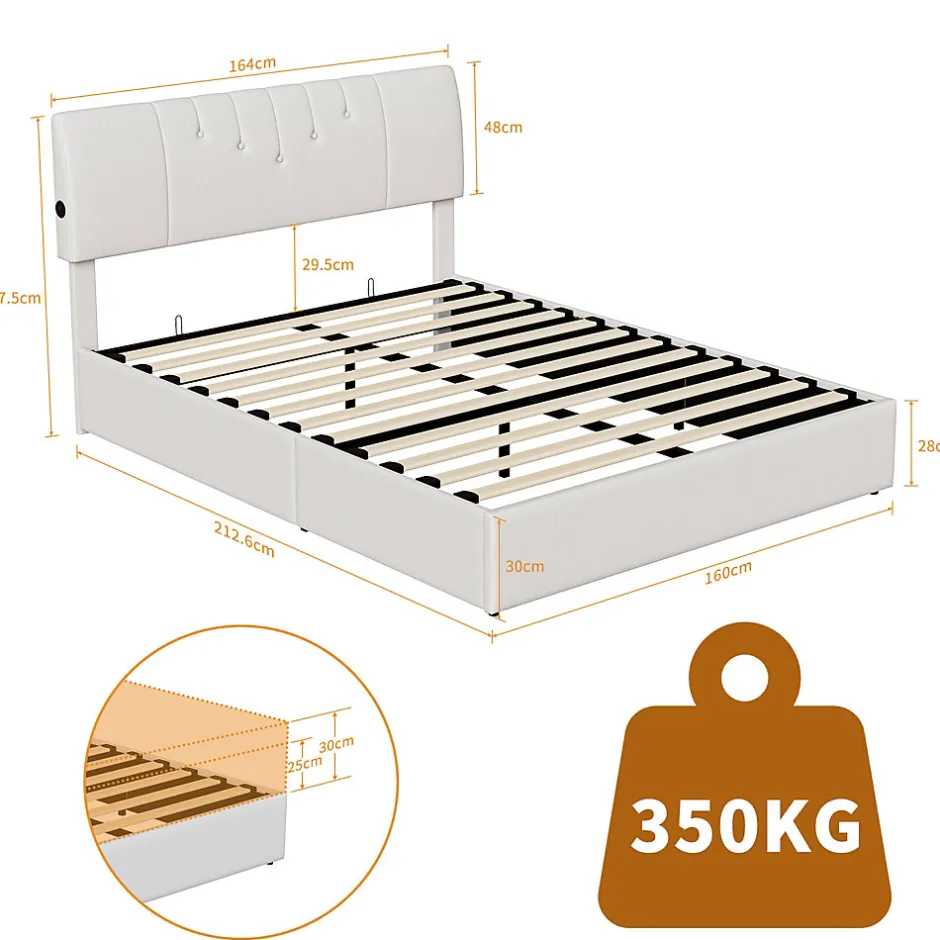 Simple Life Lit double 160x200 cm, rangement à vérin hydraulique, tête de lit USB, cadre robuste, bouclette, Crème
