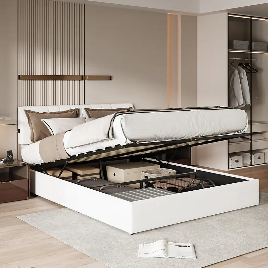 Simple Life Lit double 160x200 cm, rangement à vérin hydraulique, tête de lit USB, cadre robuste, bouclette, Crème