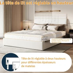 Simple Life Lit double 160x200 cm, rangement à vérin hydraulique, tête de lit USB, cadre robuste, bouclette, Crème