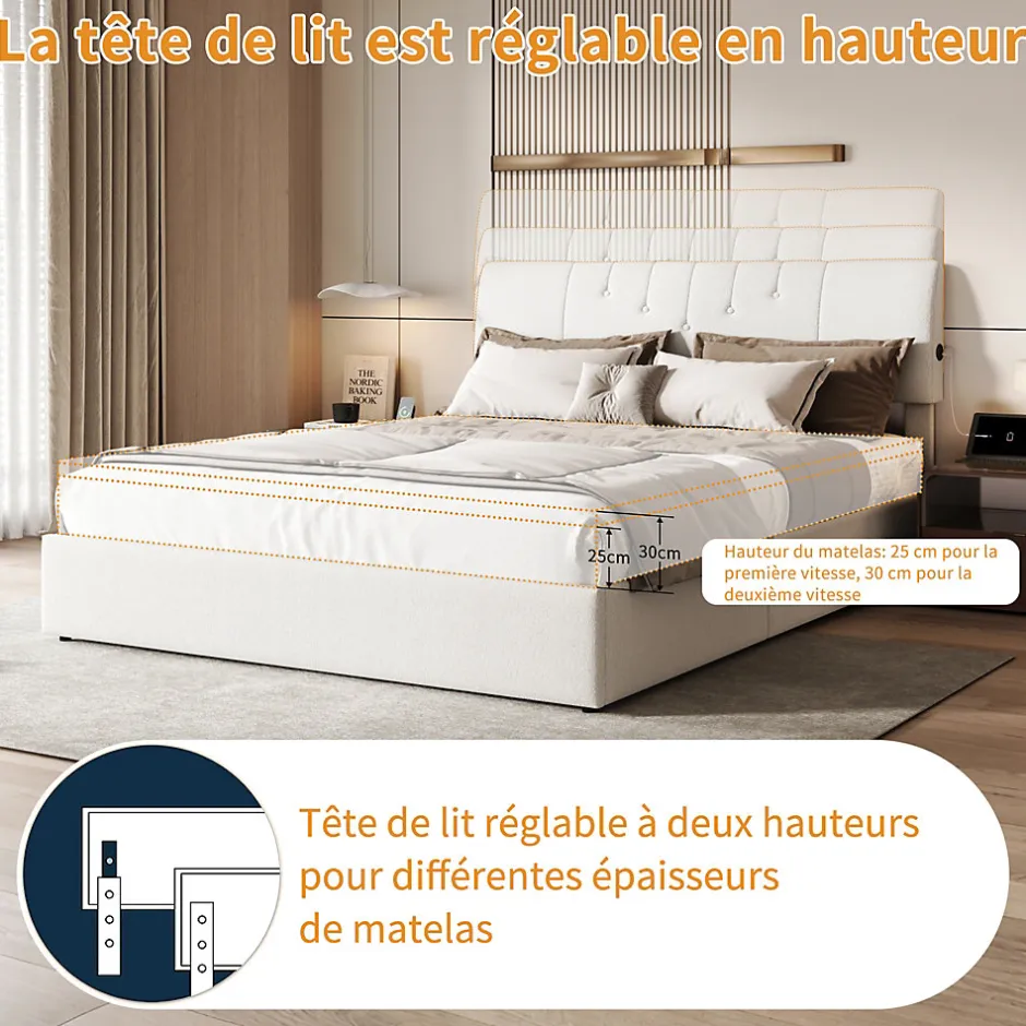 Simple Life Lit double 160x200 cm, rangement à vérin hydraulique, tête de lit USB, cadre robuste, bouclette, Crème