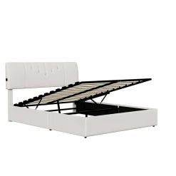 Simple Life Lit double 160x200 cm, rangement à vérin hydraulique, tête de lit USB, cadre robuste, bouclette, Crème