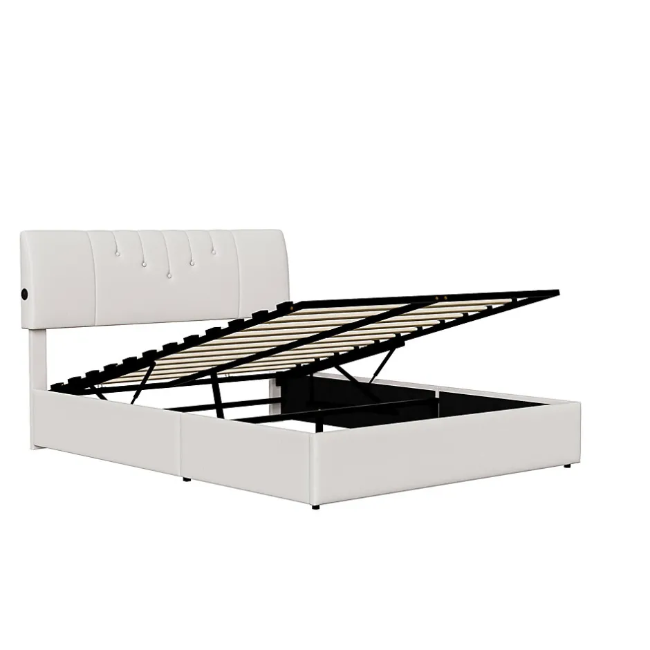Simple Life Lit double 160x200 cm, rangement à vérin hydraulique, tête de lit USB, cadre robuste, bouclette, Crème