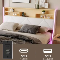 Simple Life Lit double 160x200 cm, rangement à vérin hydraulique, tête de lit USB, LED, effet pierre, PU, Blanc Discount