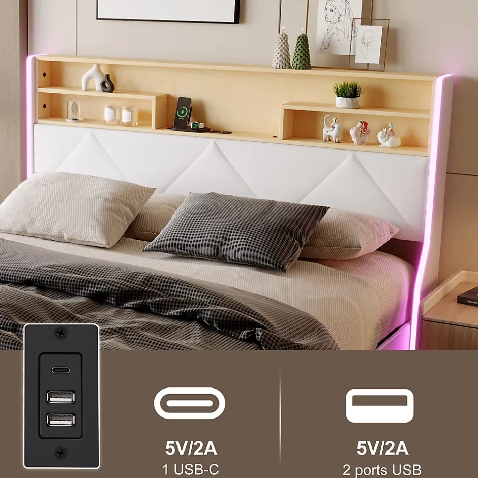 Simple Life Lit double 160x200 cm, rangement à vérin hydraulique, tête de lit USB, LED, effet pierre, PU, Blanc Discount