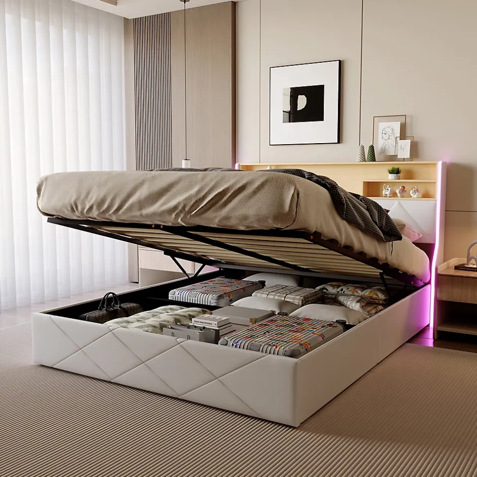 Simple Life Lit double 160x200 cm, rangement à vérin hydraulique, tête de lit USB, LED, effet pierre, PU, Blanc Discount